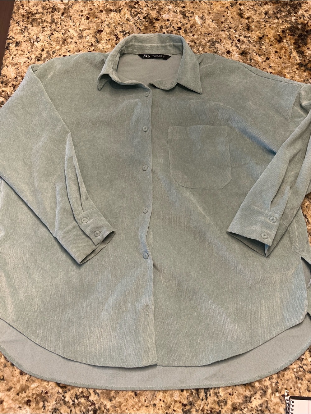 Zara Sage Green Velour Button Down Shirt Small Soft Stretch Blouse